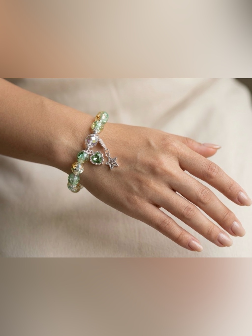Green & Gold Crackle Bead Bracelet • Star & Heart Charm Fairycore Jewelry • Y2K